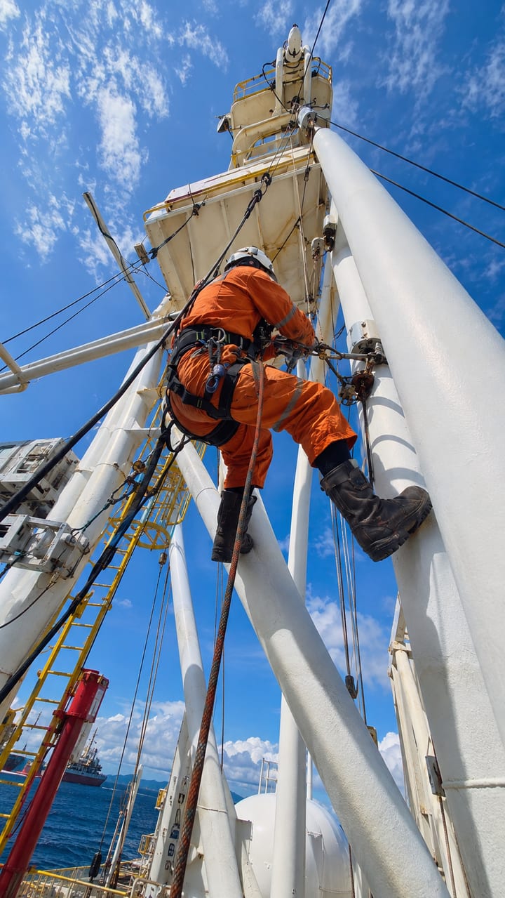 Profissional em treinamento de trabalho em altura em estrutura offshore